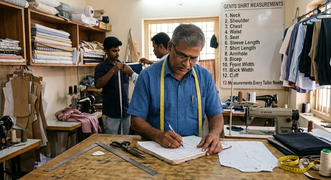 Gents shirt cutting measurement chart on a tailoring shop wall with a tailor marking cloth